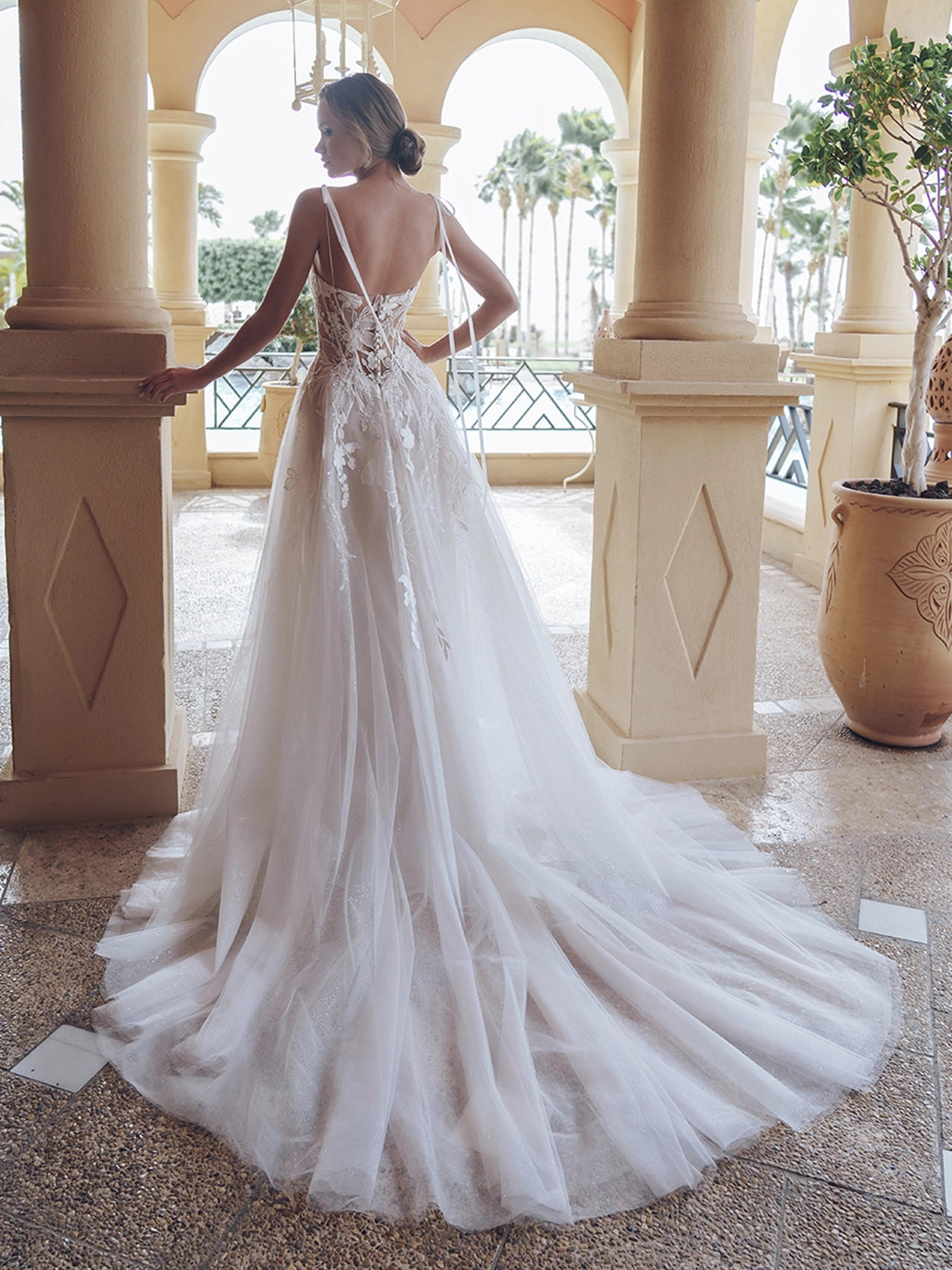 Blue by Enzoani - Solistice | Chiffon Floral Embroidered A-line Gown with Beaded Accents and Glitter Tulle , Size