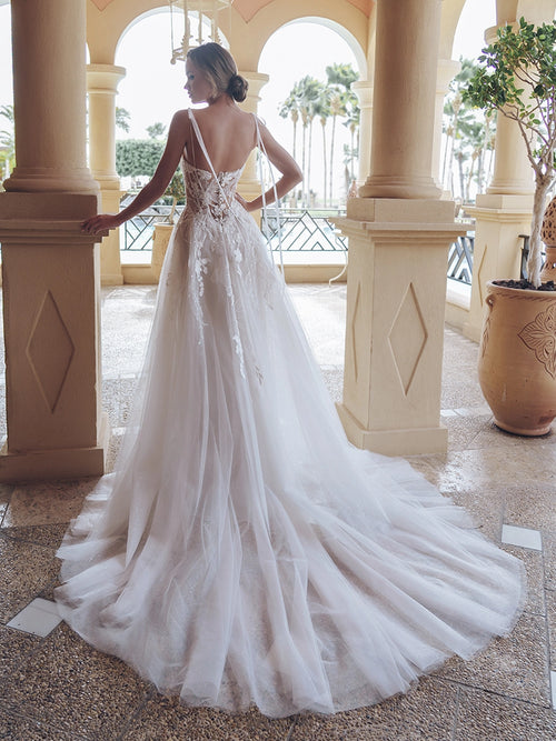 Blue by Enzoani - Solistice | Chiffon Floral Embroidered A-line Gown with Beaded Accents and Glitter Tulle , Size