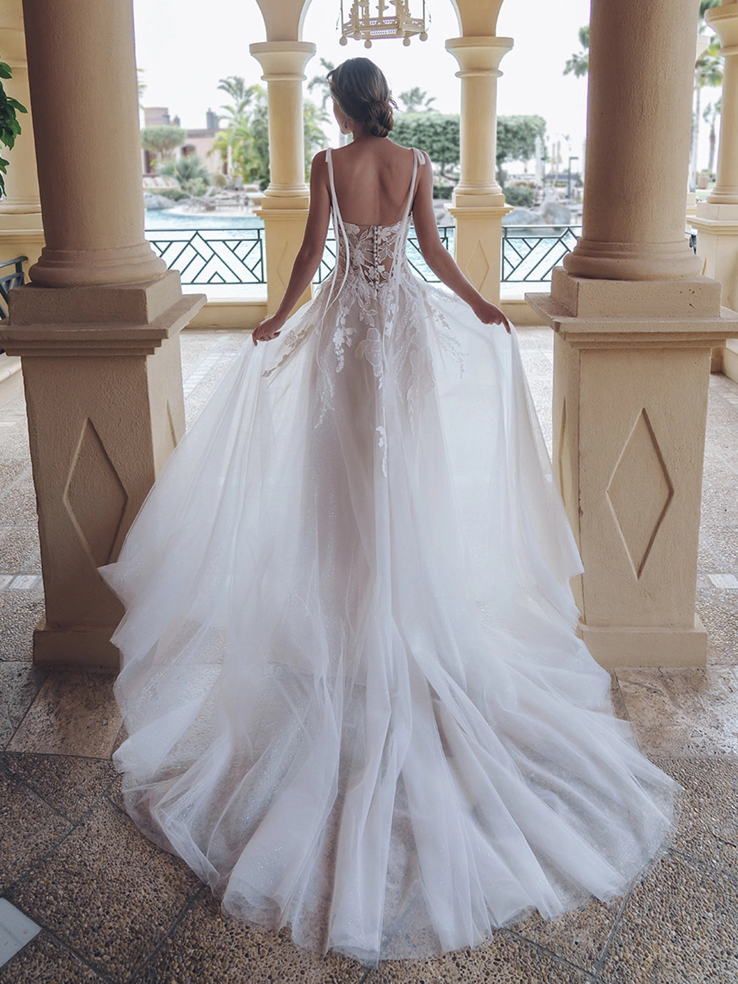Blue by Enzoani - Solistice | Chiffon Floral Embroidered A-line Gown with Beaded Accents and Glitter Tulle , Size