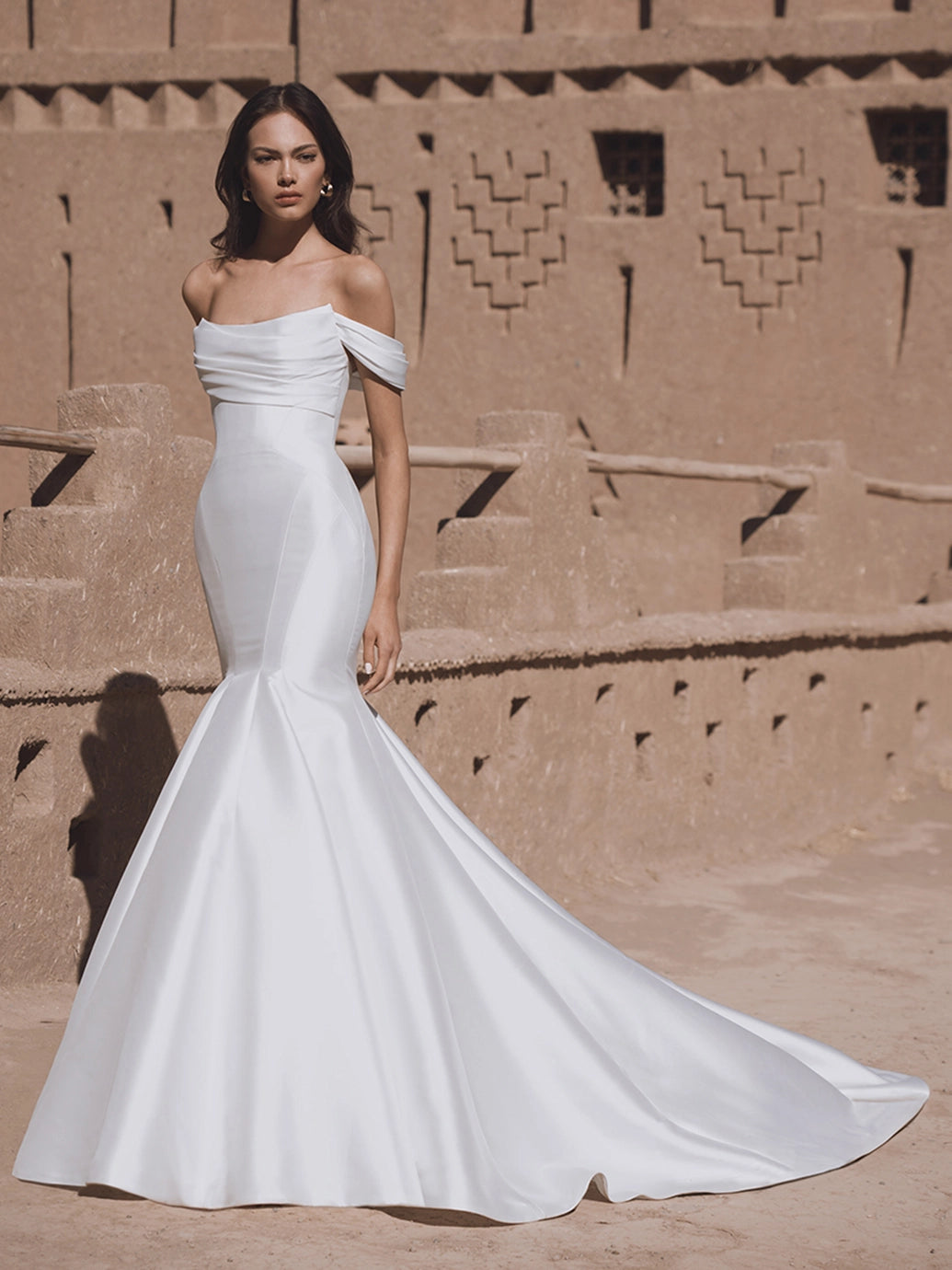 Blue by Enzoani - Tatum | Satin Mermaid gown with Dramatic Train and Detachable Off-the-Shoulder Straps, Size 10