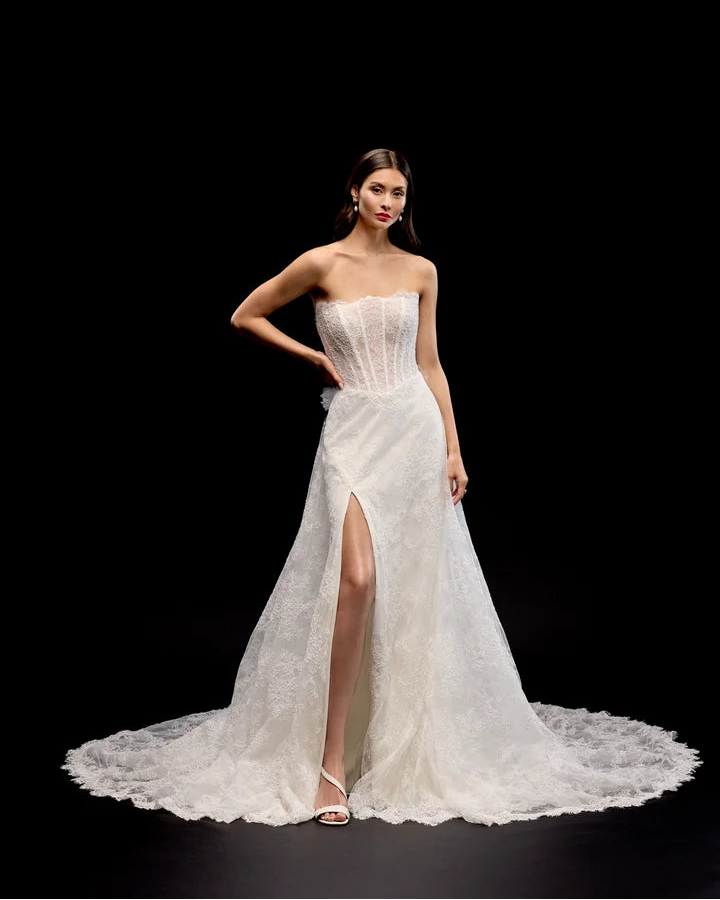 Justin Alexander 99347 - Zorya Dress + Train | Allover Alencon Lace Fit-and-Flare Gown with Removable Train, Size 12
