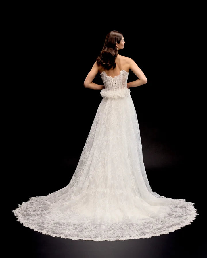 Justin Alexander 99347 - Zorya Dress + Train | Allover Alencon Lace Fit-and-Flare Gown with Removable Train, Size 12