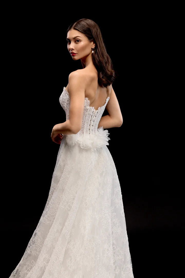 Justin Alexander 99347 - Zorya Dress + Train | Allover Alencon Lace Fit-and-Flare Gown with Removable Train, Size 12