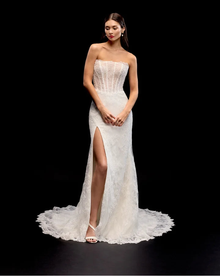 Justin Alexander 99347 - Zorya Dress + Train | Allover Alencon Lace Fit-and-Flare Gown with Removable Train, Size 12