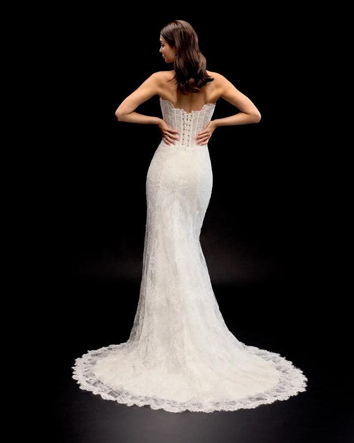 Justin Alexander 99347 - Zorya Dress + Train | Allover Alencon Lace Fit-and-Flare Gown with Removable Train, Size 12